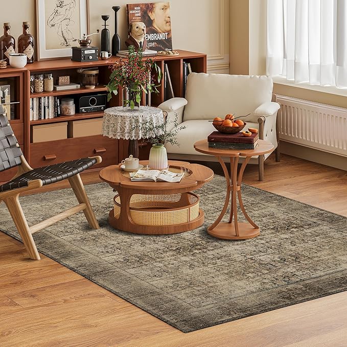 Washable Area Rug 5' x 7' Vintage Traditional Persian Mat - Foldable Distressed Non-Slip Machine Washable Carpet for Living Room Bedroom Kitchen Home Decor - Mocha and Taupe