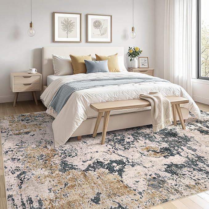 Area Rugs for Living Room: 5x7 Abstract Washable Rug Large Soft Stain Resistant Non-Slip Backing for Bedroom Dining Room Indoor Home Office Carpet for Kids Pet Friendly Families - Grey Gold