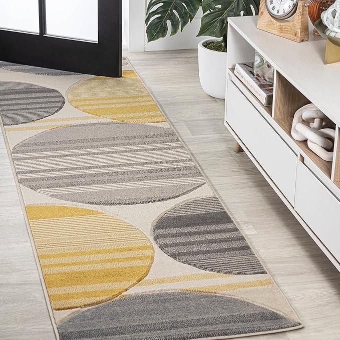 JONATHAN Y Striped Circles Gray/Yellow/Cream Runner Rug 2X8 ft, Nicky Geometric for Living Room, Bedroom, Kitchen, Office, Easy-Cleaning, High Traffic, Pet-Friendly, Non-Shedding UNQ100A-28