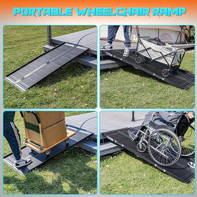 Black Portable Wheelchair Ramp, 6FT No-sew Non-Slip Aluminum Wheelchair Ramp, Folding Portable Wheelchair Ramps for Home, Weight Capacity Up to 800LBS, Loading Dock Plates