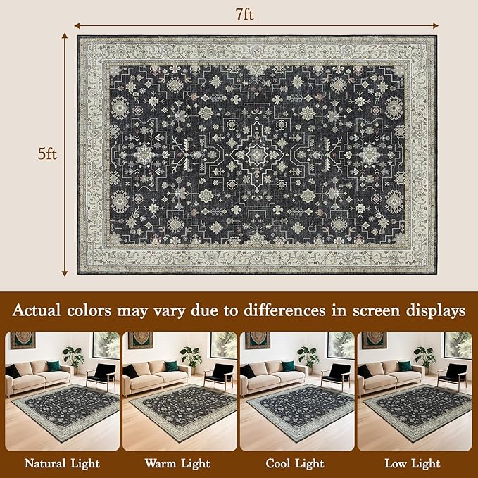 LBRO2M Black Washable Rugs 5X7 for Living Room Bedroom Vintage Non Slip Rugs Easy Clean, Low Piles Stain Resistant Carpet Distressed Area Rug Great for Pets and Family (5'X7' Charcoal Black)