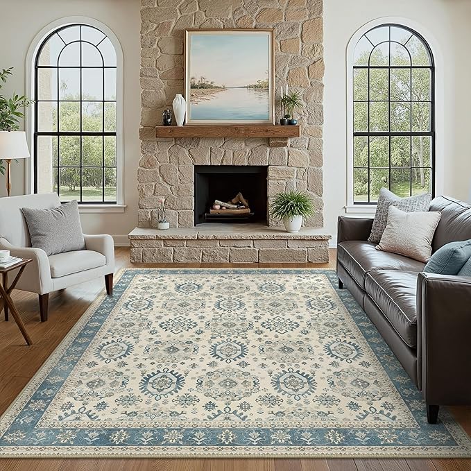 8x10 Area Rug Machine Washable Boho Rug for Living Room,Ultra-Thin Low Pile Carpet,Lightweight Indoor Printed Rug,Non Slip Floral Area Rug for Bedroom, Dining Room, Home Office,Blue