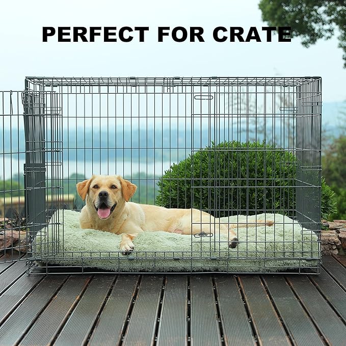 Bedfolks Waterproof XXL Dog Crate Bed, Plush Pad with Removable Cover, Faux Fur, Washable Kennel Bed, 47"x29", Sage Green
