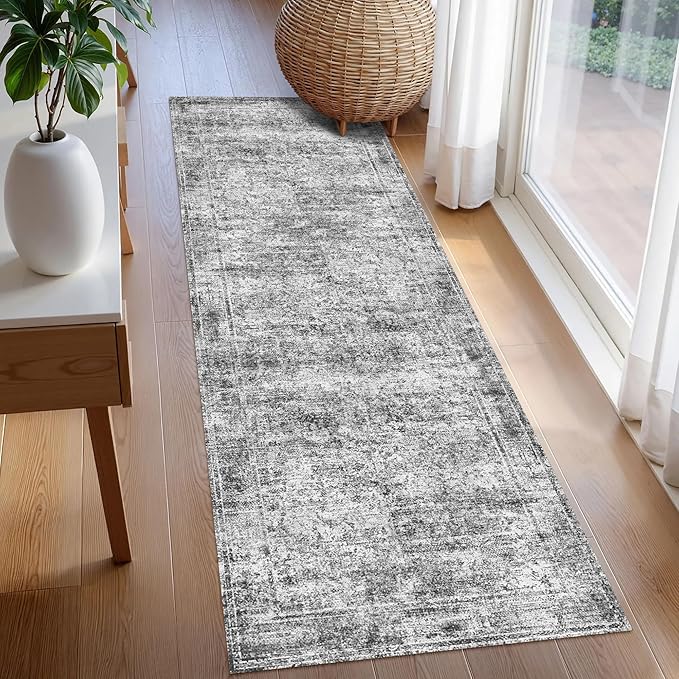Washable Area Rug 2'6'' x 8' Vintage Traditional Persian Mat - Foldable Distressed Non-Slip Machine Washable Carpet for Living Room Bedroom Kitchen Home Decor - Graphite and Mist