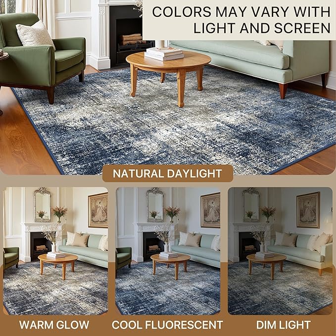 Area Rugs 9x12 for Living Room Bedroom, Modern Abstract Machine Washable Rug, Large Soft Low Pile Floor Carpet with Non Slip Backing for Dining Room, Blue&Gray