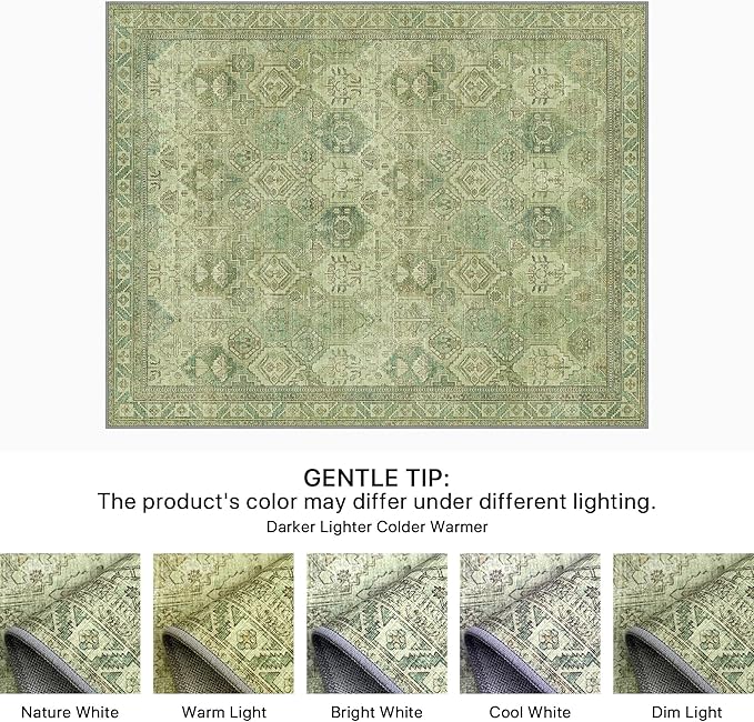 Bavni Washable Rug 6x9 Area Rug for Living Room Bedroom Dining, Washable Vintage Print Carpet, Ultra-Thin Chenille Low Pile Lightweight Rug with Non Slip Backing, Light Green