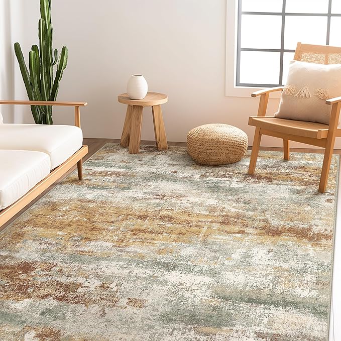 Area Rugs 10x14 for Living Room Bedroom, Modern Abstract Machine Washable Rug, Large Soft Low Pile Floor Cover with Non Slip Backing for Dining Room, Orange Green