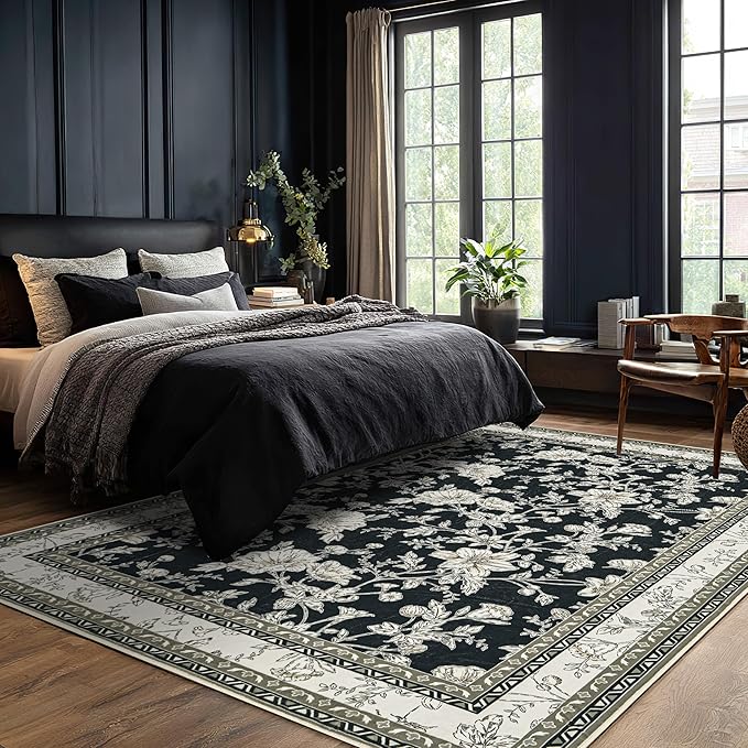 Boho Dining Room Rugs for Under Table 7x9 Washable Black Cream Beige Floral Design Sketch Style Area Rug for Living Room, Low Pile Non-Slip for Bedroom Under Bed Aesthetic Boho Farmhouse Decor