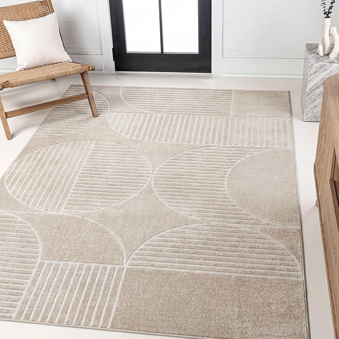 JONATHAN Y Nordby High-Low Arch Striped Indoor/Outdoor Area Rug, 4x6, Beige/Cream, for Patio, Backyard, Living Room, Bedroom, Office, Hose-Washable (SCN104E-4)