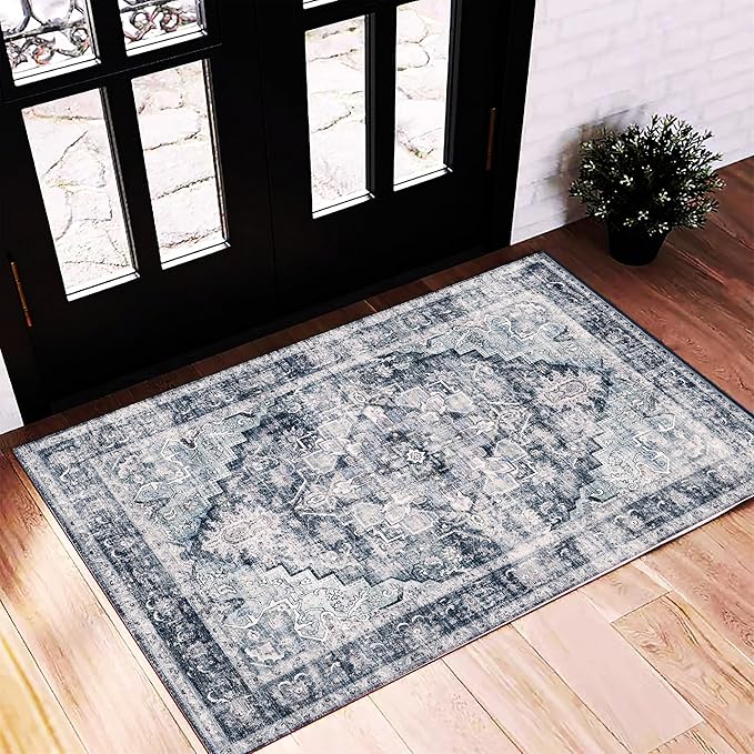 2'x3' Dark Blue Area Rug Washable Door Mat Vintage Distressed Doormat Indoor Entrance Traditional Thin Floral Print Non Slip Mats for Kitchen Bathroom Bedroom Living Room