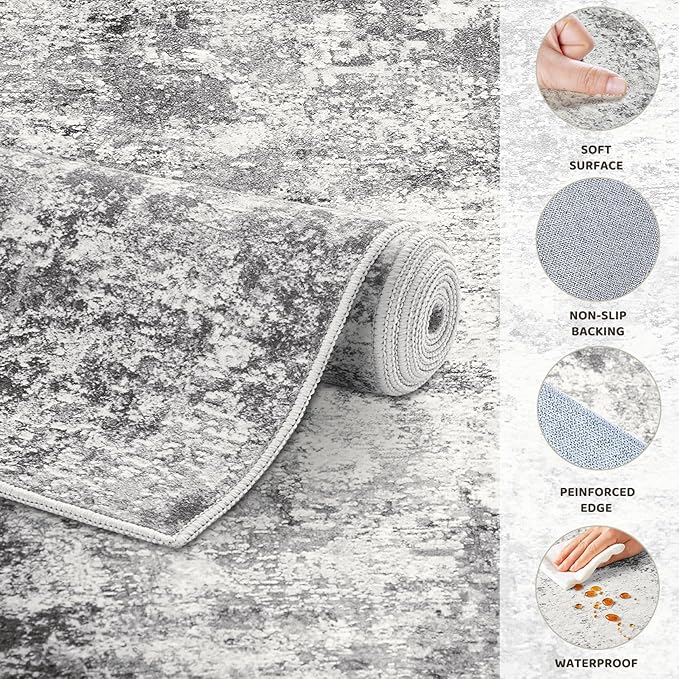 10ft Round Area Rug Living Room Rugs - 10x10 Washable Large Neutral Modern Abstract Soft Thin Rug Indoor Floor No Slip Rug Carpet for Bedroom Under Dining Table Home Office Decor - Grey