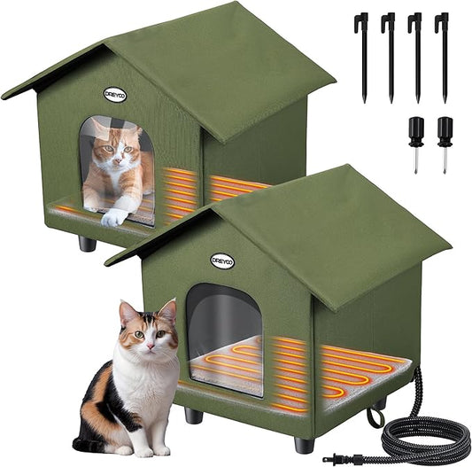 Dreyoo 2 Pack Heated Cat House Weatherproof, Winter Outdoor Tent with Heated Bed, Foldable Warm Shelter with 2 Doors for Feral Cats and Small Animals (Green)