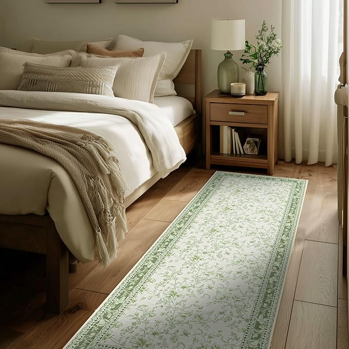 Light Green Kitchen Rug 3x8 Modern Vintage Boho Farmhouse Unique Floral Sage Cream Beige Peony Lily Sketch Style, Washable Low Pile Non-Slip Extra Long Wide Runner Rugs for Hallway 8 ft Long