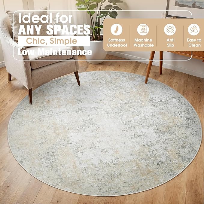 Round Rug 5ft Circle Rug Washable: Carpet Small Circular Area Rug for Entryway Kitchen Bedroom Dining Room Living Room 5 Feet Abstract College Dorm Non Slip Low Pile Beige Grey