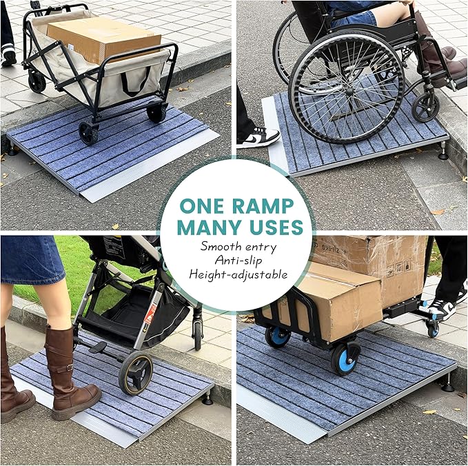 Threshold Ramps for Wheelchairs, Adjustable Height 3.3"-6.6" and 36"×36" Platform Aluminum Wheelchair Ramp, Door Threshold Ramps with a Non-Slip Thick Door Mat for Scooters, Power Chairs, Cart