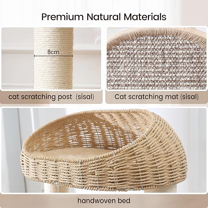 59-inch Cat Tree，Cat Tower with Scratching Post,Extra Long Sisal Blanket, Handwoven Basket & Space Capsule Nest