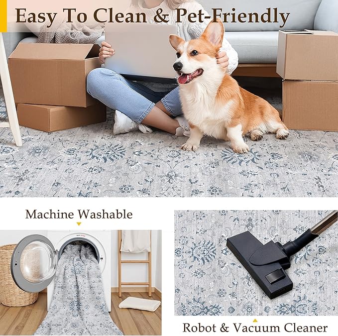 2x3 Area Rug Blue Washable Entryway Vintage Carpet Door Mat Small Non Slip Stain Soft Resistant Low Pile Thin Boho Accent Indoor Throw Rug for Kitchen Bathroom Entrance Bedroom