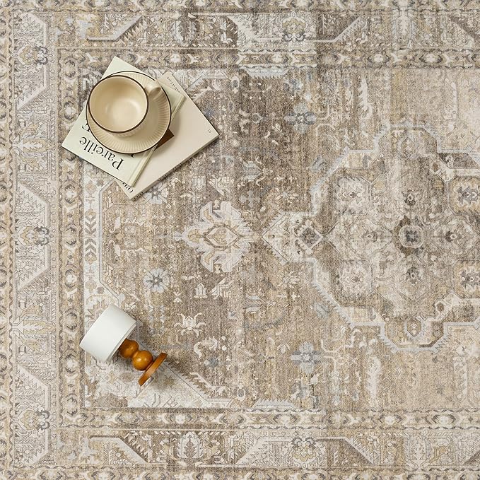 2x8 Washable Vintage Runner Rug for Living Room Bedroom Non Slip Distressed Traditional Soft Runner Rug Beige Brown Low Pile Lightweight Floral Runner Kitchen Hallway Balcony