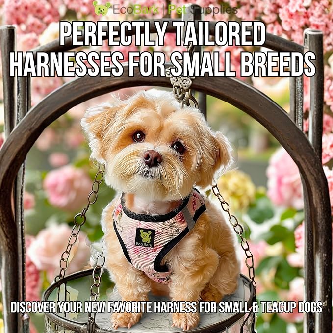 EcoBark Step in Dog Harness - Eco-Friendly Teacup Dog Harnesses for XXS, XS, and Small Dogs - Reflective and Adjustable Mini Body Halter -Tiny Soft Mesh Toy Breed Vest Under 5 lbs (Floral, XXS)