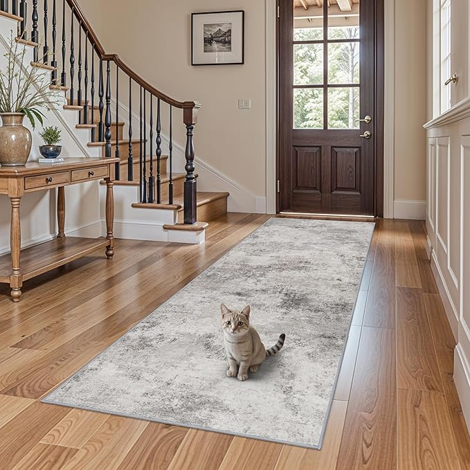 3x8 Runner Rug for Hallway - Washable Abstract Runners Non Slip Kitchen Rugs Low Pile Soft Indoor Floor Carpet Front Door for Bedroom Entryway Laundry 3x8 Grey