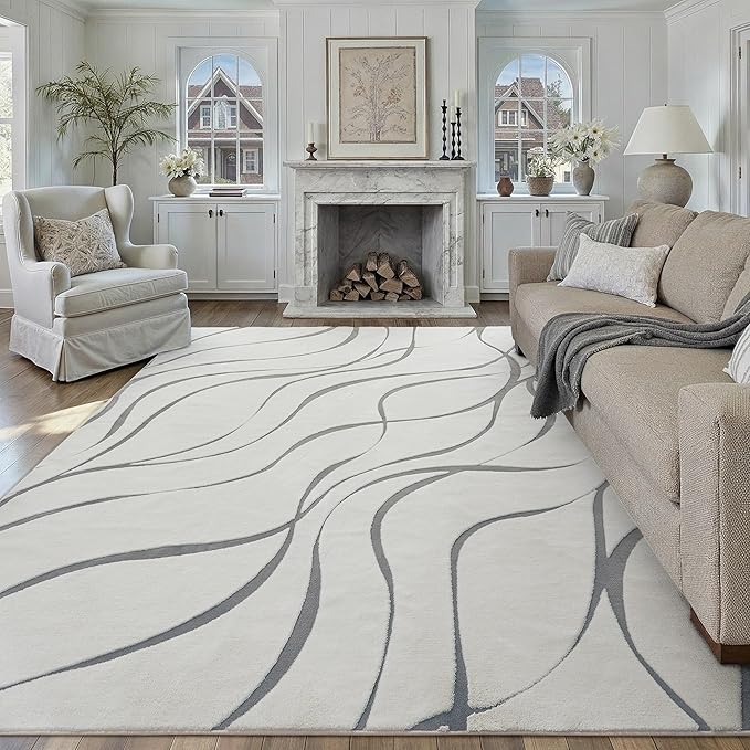 HUGEAR Shag Area Rug 6x9 Grey & Ivory Washable Living Room Bedroom Rug Non Slip Non-Shedding Soft Plush Medium Pile Large Throw Carpet for Home Office Aesthetic Modern Decor