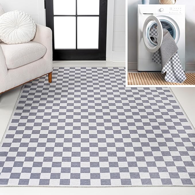 JONATHAN Y Machine Washable Indoor Area Rug 5X8 Purple Gray/White, Ainsley Modern Cottage Checkerboard for Living Room, Bedroom, Kitchen, Office, Easy-Cleaning, Pet-Friendly, Non-Shedding WSH126A-5
