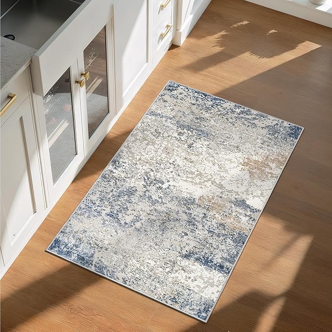 Art&Tuft 2x3 Washable Rug, Low Pile Abstract Entryway Rug 2x3, Anti-Slip Backing Small Door Mat Pet Friendly for Front Door, Entrance, Kitchen, Bathroom, Laundry, Navy