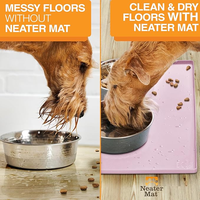 Neater Pet Brands Neater Mat Pet Mats for Food and Water, Cat & Dog Bowl Mat Waterproof Silicone, Feeding Tray, Dog Food Mats for Floors, Placemat w/Raised Edge for Under Bowls, 16” x 10”, Light Pink