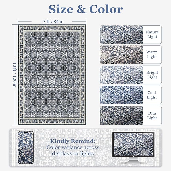 Dark Blue 7x10 Rugs for Living Room, Transitional Moroccan Floral Trellis Area Rug for Bedroom Dining Room, Low Pile Thin Washable Non Slip Room Rug for Home Office Playroom Family Room