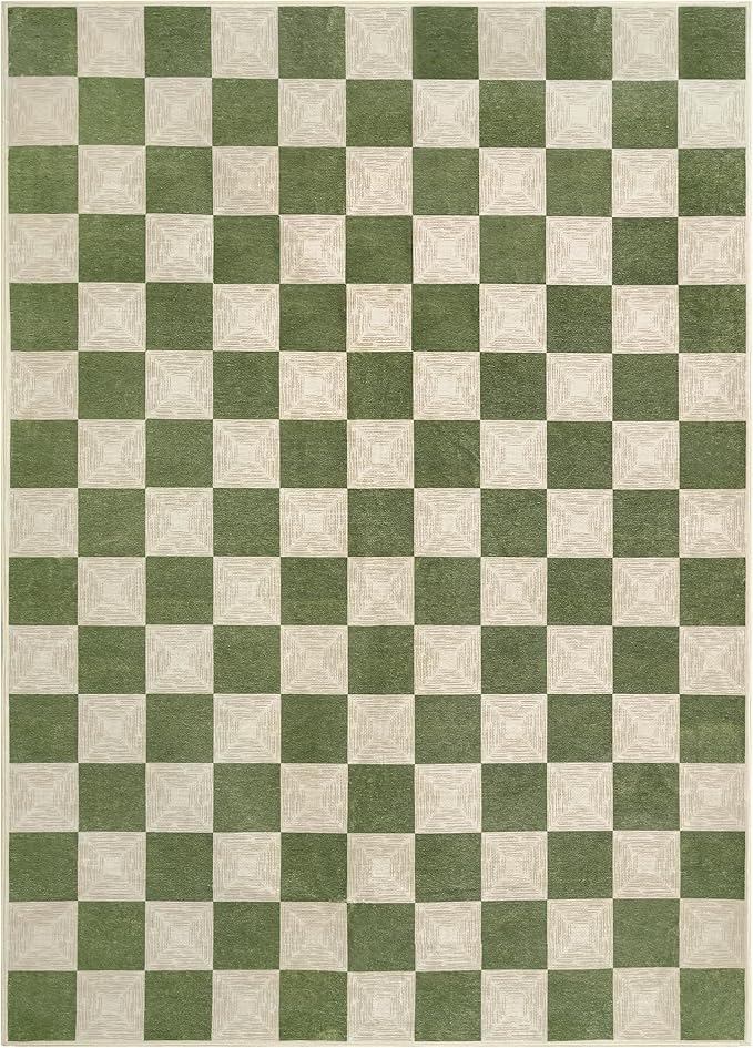 Washable Green Checkered Rug 5x7, Non-Slip Low Pile Area Rug for Living Room, Bedroom, Nursery, Modern Neutral Farmhouse Checkerboard Carpet, Pet & Kid Friendly