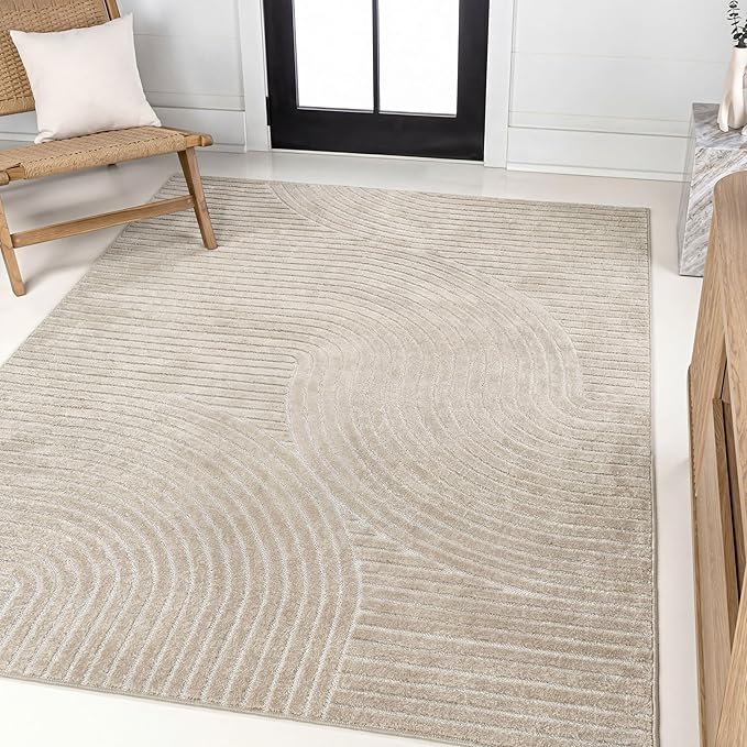 JONATHAN Y Hallie High-Low Curve Beige/Cream 5x8 Indoor/Outdoor Area Rug, Minimalist Geometric, Pet Friendly, for Patio, Backyard, Living Room, Bedroom, Office, Hose-Washable (SCN100D-5)