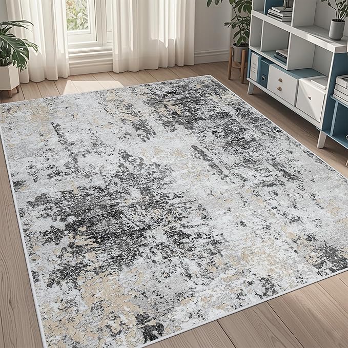 5x8 Area Rugs for Living Room Rug Washable: Abstract Rug for Dining Room Bedroom Carpet Non Slip 5 by 8 Indoor Modern Nursery Home Office Black Grey Gold