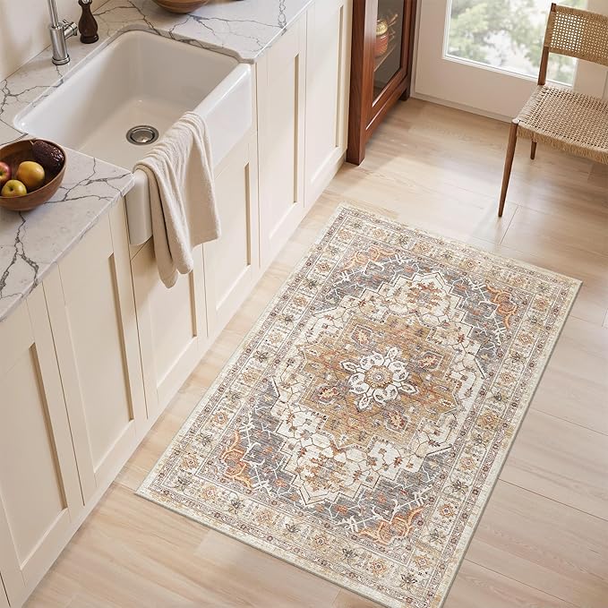 2x3 Entryway Rug Small Washable Kitchen Rugs Non Slip Front Door Rug Foldable Thin Carpet Low Pile Area Rug for Dining Room Entry Bedroom(Turmeric/Grey,2'x3')