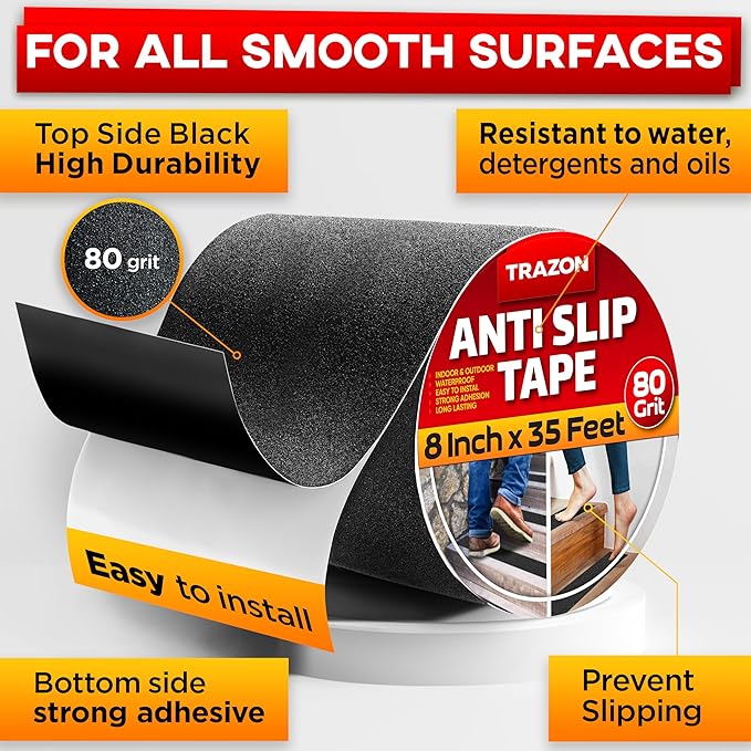 Grip Tape - Heavy Duty Anti Slip Tape for Stairs Outdoor/Indoor Waterproof 8Inch x 35Ft Safety Non Skid Roll for Stair Steps Ramp Traction Tread Staircases Grips Adhesive Non Slip Strips Walk Black