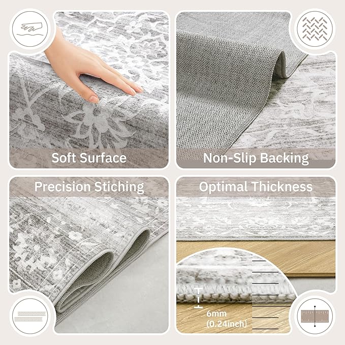 9x12 Washable Area Rugs for Living Room, Vintage Floral Stain Resistant Non-Slip Low Pile Natural Rug Soft Throw Large Carpet for Dining Room Bedroom Farmhouse Home Office (Grey, 9'x12')