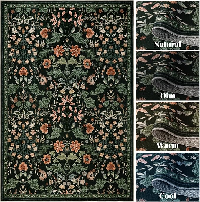 Floral Area Rug for Living Room: 5x7 Washable Soft Low Pile Thin Indoor Carpet, Non Slip Stain Resistant Vintage Flower Boho Accent Rugs for Bedroom, Dining, Home Office, Nursery - Black