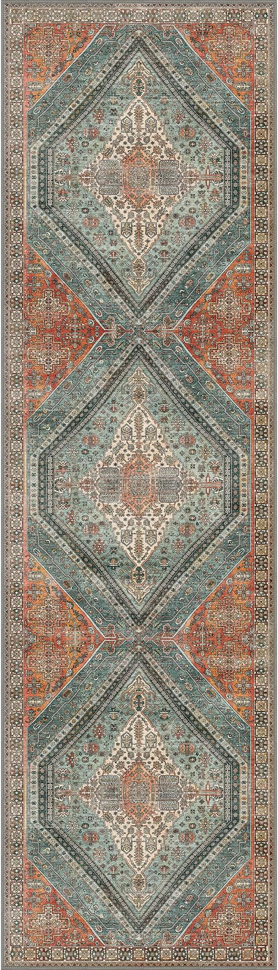 Bavni Kitchen Rug 2x5 Runner Rugs for Hallways Entryway, Washable Vintage Print Carpet, Ultra-Thin Chenille Low Pile Lightweight Rug with Non Slip Backing, Light Red/Blue