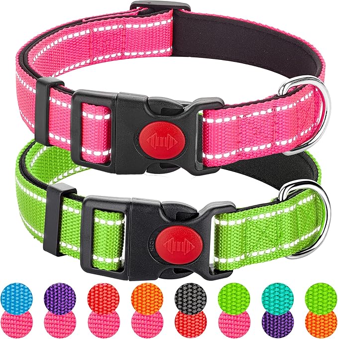 2 Pack Reflective Dog Collars for Medium Large and Small Breed Dogs Male Female,Padded Soft Durable Nylon Neoprene Collar for Puppy Dogs Girl Boy with Quick Release Safety Buckle,Pink,Green,L