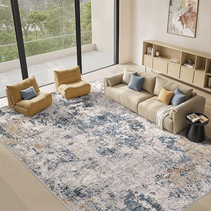 Area Rugs for Living Room: 9x12 Abstract Washable Rug Large Soft Stain Resistant Non-Slip Backing for Bedroom Dining Room Indoor Home Office Carpet for Kids Pet Friendly Families - Blue Brown