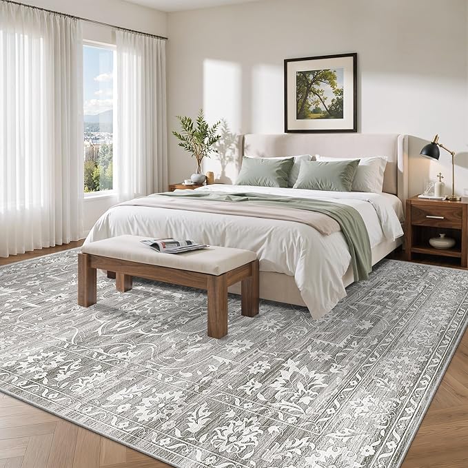 9x12 Washable Area Rugs for Living Room, Vintage Floral Stain Resistant Non-Slip Low Pile Natural Rug Soft Throw Large Carpet for Dining Room Bedroom Farmhouse Home Office (Grey, 9'x12')