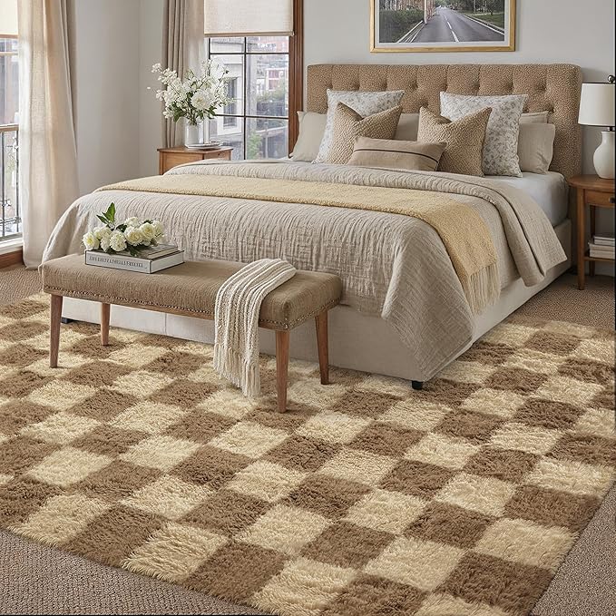 Checkered Rug 6x9 for Living Room, Brown Modern Shag Rug Washable Non-Slip Large Area Rug Super Soft Indoor Fuzzy Carpet Fluffy Rugs for Bedroom Home Aesthetic Decor