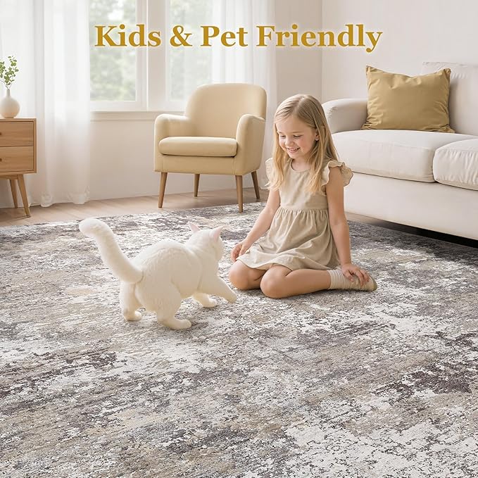 Area Rugs for Living Room: 5x7 Abstract Washable Rug Modern Neutral Large Soft Stain Resistant Non-Slip Backing Machine Table for Bedroom Dining Room Indoor Home Office Carpet - Light Brown