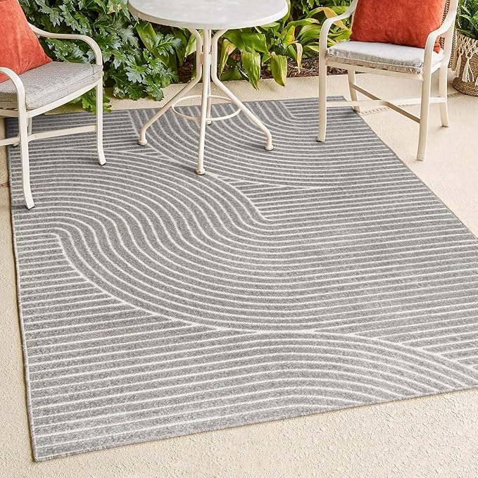 JONATHAN Y Hallie High-Low Curve Gray/Ivory Indoor/Outdoor Area Rug, 12x18, Minimalist, Pet Friendly, Non-Shedding, Stain Resistant, Hose-Washable for Backyard, Patio, Porch (SCN100A-18)