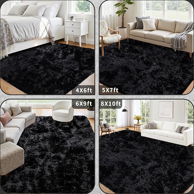 8x10 Area Rug for Living Room: Ultra Soft Fluffy Rug Modern Large Thicked Shag Rug for Bedroom Non Slip Indoor Fuzzy Carpets for Girls Kids Room Nursery Dorm Home Decor Black