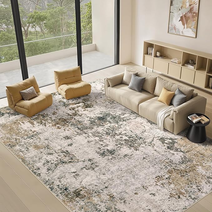 Area Rugs for Living Room: 10x12 Abstract Washable Rug Large Soft Stain Resistant Non-Slip Backing for Bedroom Dining Room Indoor Home Office Carpet for Kids Pet Friendly Families - Dark Brown