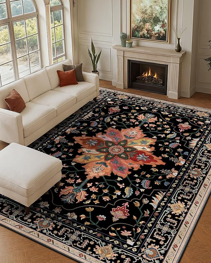 Area Rugs 9'x12' Washable Non-Slip, Floral Vintage Distress Print Pattern Medallion Carpet for Living Room Bedroom Dining Room, Black Colorful Floral Dark Tan