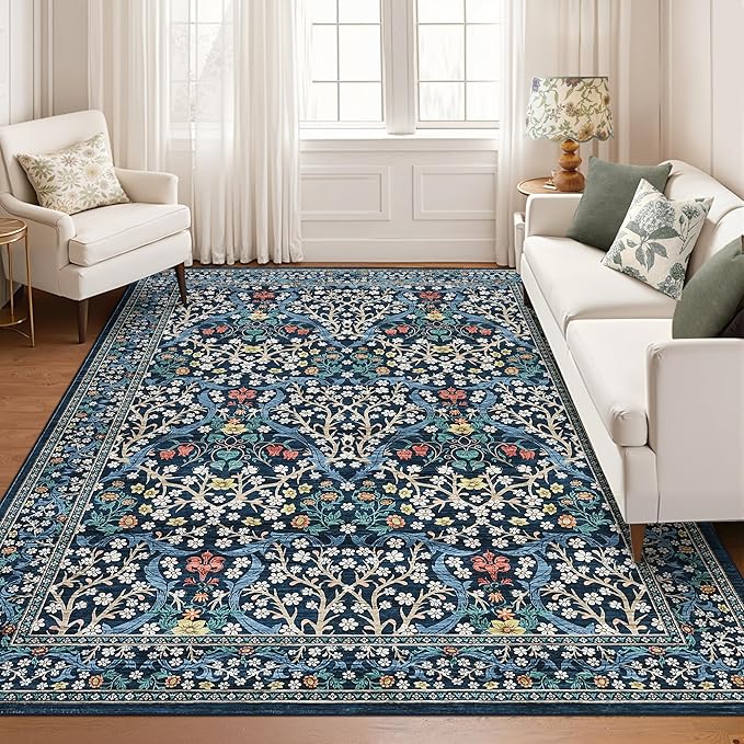 GarveeHome Washable Rug for Living Room, 9x12 Large Area Rug for Dining Room Under Table, Bedroom, Floral Soft Low Pile Non Slip Stain Resistant Carpet for Nursery, Playroom, Office, Dark Blue
