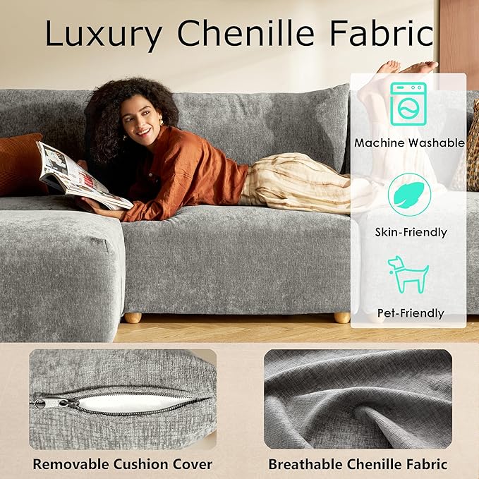 LINSY HOME Cloud Couch Sectional, Modular Sofa Sectionals for Living Room Bedroom, 91" U Shape Love Seat Couch with Ottoman, 2 Seater Deep Seat Cozy Couch Luxury Chenille Sofas, Grey
