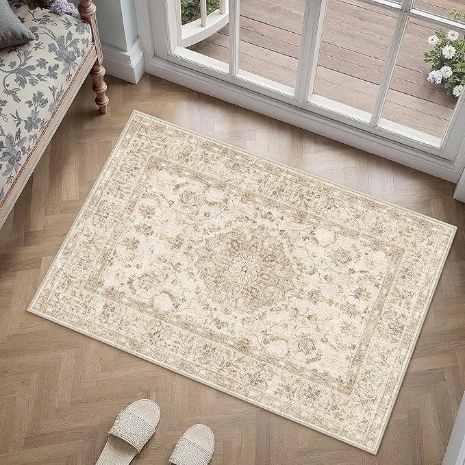 2x3 Beige Area Rug Washable Entryway Vintage Carpet Door Mat Distressed Small Non Slip Low Pile Thin Kitchen Bathroom Medallion Accent Throw Rug Entrance Bedroom Office Living Room