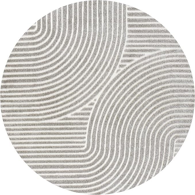JONATHAN Y Hallie High-Low Curve Gray/Ivory 5' Round Indoor/Outdoor Area Rug, Minimalist, Pet Friendly, Non-Shedding, Stain Resistant, Hose-Washable for Backyard, Patio, Porch (SCN100A-5R)